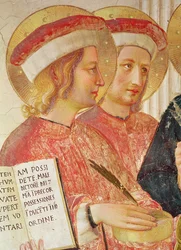 Madonna der Schatten oder Maria mit dem Kind zwischen den Heiligen Dominikus, Kosmas, Damian, Markus, Johannes dem Evangelisten, Thomas von Aquin, Laurentius und Petrus dem Märtyrer, von links nach rechts, Detail des heiligen Kosmas